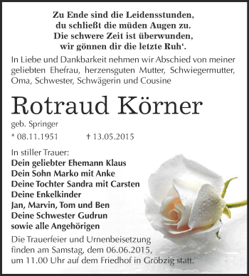 Traueranzeige von Rotraud Körner von WVG - Wochenspiegel Dessau / Köthen