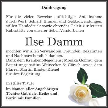 Traueranzeige von Ilse Damm von Super Sonntag Bernburg