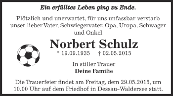Traueranzeige von Norbert Schulz von WVG - Wochenspiegel Dessau / Köthen