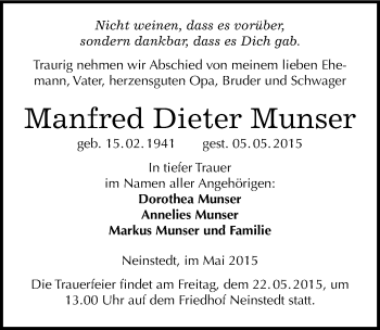Traueranzeige von Manfred Dieter Munser von Mitteldeutsche Zeitung Quedlinburg
