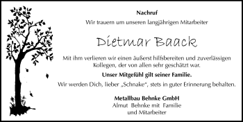 Traueranzeige von Dietmar Baack von Mitteldeutsche Zeitung Naumburg/Nebra