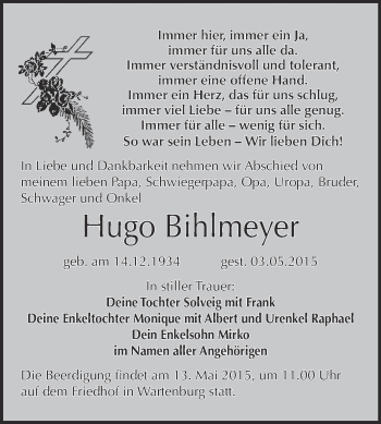 Traueranzeige von Hugo Bihlmeyer von Super Sonntag Wittenberg