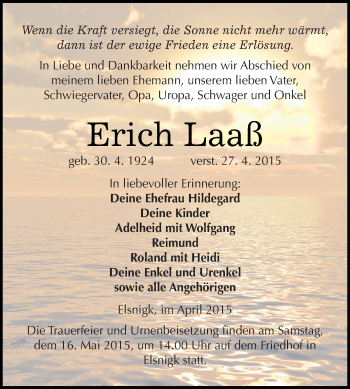 Traueranzeige von Erich Laaß von WVG - Wochenspiegel Dessau / Köthen