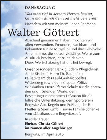 Traueranzeige von Walter Göttert von Mitteldeutsche Zeitung Wittenberg