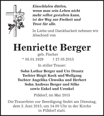 Traueranzeige von Henriette Berger von WVG - Wochenspiegel Dessau / Köthen