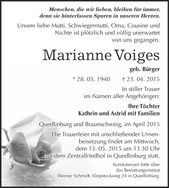 Traueranzeige von Marianne Voiges von WVG - Wochenspiegel Quedlinburg