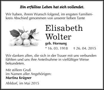 Traueranzeige von Elisabeth Wolter von Mitteldeutsche Zeitung Mansfelder Land