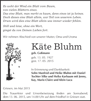 Traueranzeige von Käte Bluhm von WVG - Wochenspiegel Wittenberg