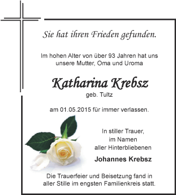 Traueranzeige von Katharina Krebsz von Super Sonntag Bernburg