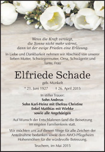 Traueranzeige von Elfriede Schade von WVG - Wochenspiegel NMB / WSF / ZTZ