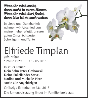 Traueranzeige von Elfriede Timplan von WVG - Wochenspiegel Dessau / Köthen