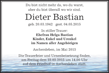 Traueranzeige von Dieter Bastian von Super Sonntag Aschersleben