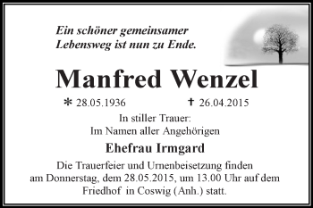 Traueranzeige von Manfred Wenzel von WVG - Wochenspiegel Dessau / Köthen