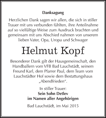 Traueranzeige von Helmut Kopf von WVG - Wochenspiegel Merseburg