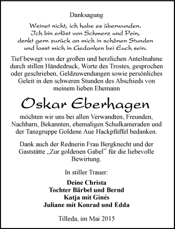 Traueranzeige von Oskar Eberhagen von Mitteldeutsche Zeitung Sangerhausen