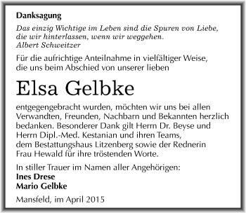 Traueranzeige von Elsa Gelbke von Mitteldeutsche Zeitung Mansfelder Land