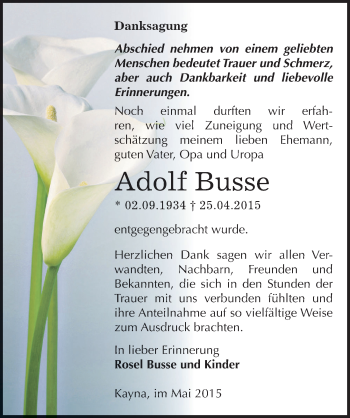 Traueranzeige von Adolf Busse von Mitteldeutsche Zeitung Zeitz