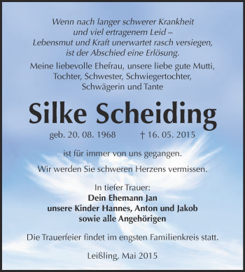 Traueranzeige von Silke Scheiding von WVG - Wochenspiegel NMB / WSF / ZTZ