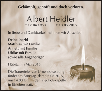 Traueranzeige von Albert Heidler von Wochenspiegel Mansfelder Land