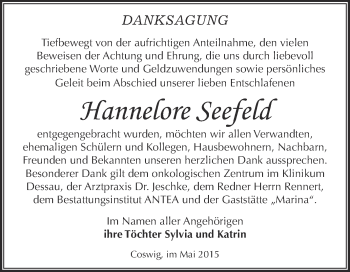Traueranzeige von Hannelore Seefeld von WVG - Wochenspiegel Dessau / Köthen