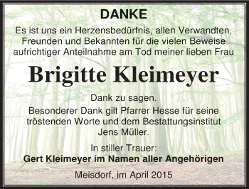 Traueranzeige von Brigitte Kleimeyer von Mitteldeutsche Zeitung Quedlinburg