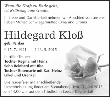 Traueranzeige von Hildegard Kloß von WVG - Wochenspiegel Wittenberg