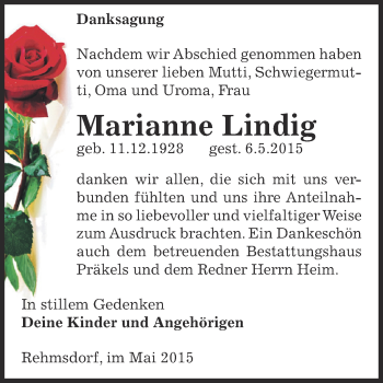 Traueranzeige von Marianne Lindig von Super Sonntag Zeitz