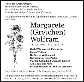 Traueranzeige von Margarete Wolfram von Mitteldeutsche Zeitung Sangerhausen