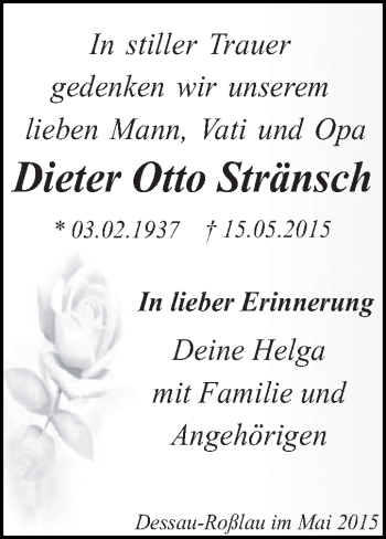 Traueranzeige von Dieter Otto Stänsch von WVG - Wochenspiegel Dessau / Köthen
