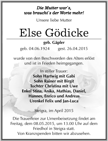 Traueranzeige von Else Gödicke von Mitteldeutsche Zeitung Naumburg/Nebra