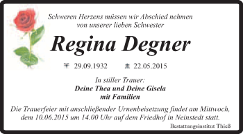 Traueranzeige von Regina Degner von Super Sonntag Quedlinburg