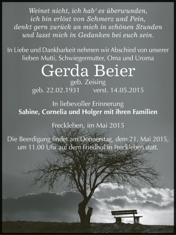 Traueranzeige von Gerda Beier von Super Sonntag Aschersleben