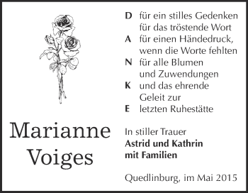 Traueranzeige von Marianne Voiges von WVG - Wochenspiegel Quedlinburg