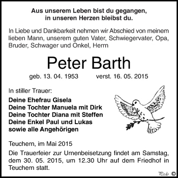 Traueranzeige von Peter Barth von WVG - Wochenspiegel NMB / WSF / ZTZ