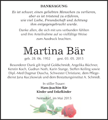 Traueranzeige von Martina Bär von WVG - Wochenspiegel NMB / WSF / ZTZ