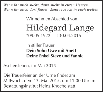 Traueranzeige von Hildegard Lange von Super Sonntag Aschersleben