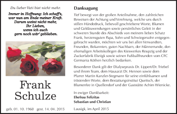 Traueranzeige von Frank Schulze von Mitteldeutsche Zeitung Köthen