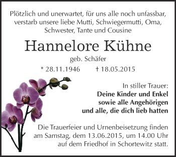 Traueranzeige von Hannelore Kühne von WVG - Wochenspiegel Dessau / Köthen