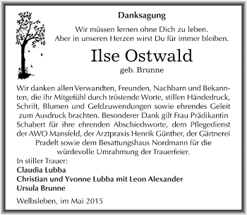 Traueranzeige von Ilse Ostwald von Mitteldeutsche Zeitung Mansfelder Land