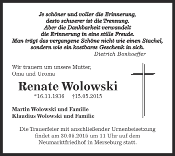 Traueranzeige von Renate Wolowski von Super Sonntag SGH Mansf. Land