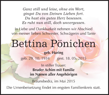 Traueranzeige von Bettina Pönichen von Mitteldeutsche Zeitung Merseburg/Querfurt