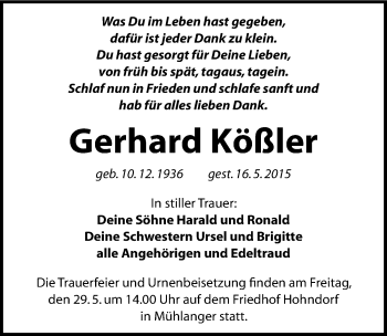 Traueranzeige von Gerhard Kößler von Mitteldeutsche Zeitung Wittenberg