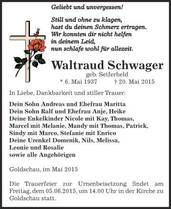 Traueranzeige von Waltraud Schwager von Super Sonntag Zeitz