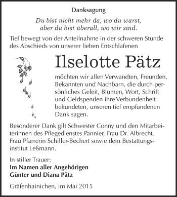 Traueranzeige von Ilselotte Pätz von WVG - Wochenspiegel Wittenberg