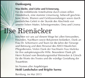 Traueranzeige von Ilse Rienäcker von Mitteldeutsche Zeitung Bernburg
