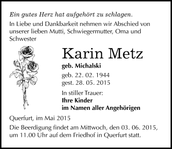 Traueranzeige von Karin Metz von Mitteldeutsche Zeitung Merseburg/Querfurt