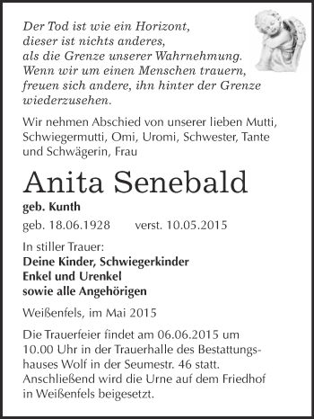 Traueranzeige von Anita Senebald von WVG - Wochenspiegel NMB / WSF / ZTZ