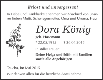 Traueranzeige von Dora König von WVG - Wochenspiegel NMB / WSF / ZTZ
