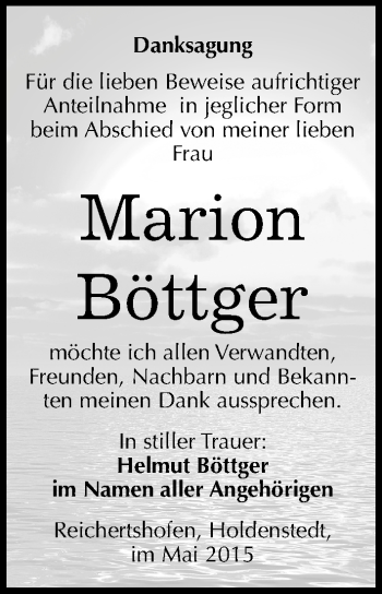 Traueranzeige von Marion Böttger von Mitteldeutsche Zeitung Sangerhausen