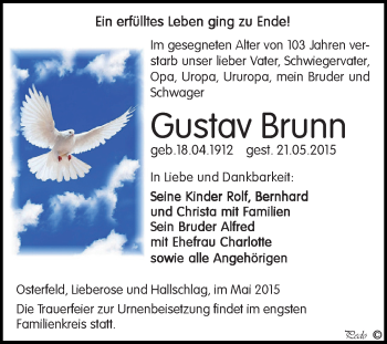 Traueranzeige von Gustav Brunn von Super Sonntag Zeitz